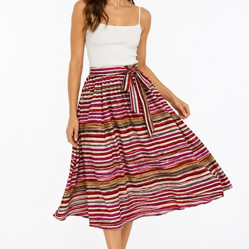 Women's Midi Skirt Size L Red Fuchsia Striped Tie Waist Boho Summer Flowy A-Line